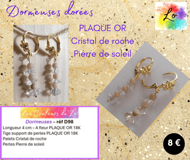 Boucles dormeuses Plaqué or Cristal de roche Pierre de soleil Les Couleurs de Lo