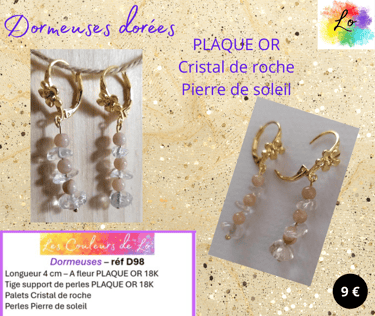 Boucles dormeuses Plaqué or Cristal de roche Pierre de soleil Les Couleurs de Lo