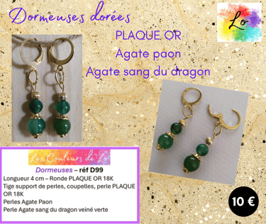 Boucles dormeuses Plaqué or Agate paon Agate sang du dragon Les Couleurs de Lo