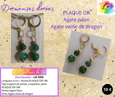 Boucles dormeuses Plaqué or Agate paon Agate veine de dragon Les Couleurs de Lo