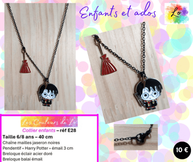 Collier noir pendentif Harry Potter émail éclair acier doré balai émail Les Couleurs de Lo