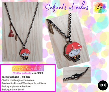 Collier noir pendentif Ronald Weasley émail plume acier doré balai émail Les Couleurs de Lo