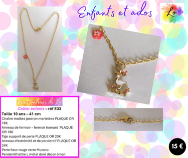 Collier Plaqué or pendentif lettre L décor émail fleur verre Murano rouge Les Couleurs de Lo