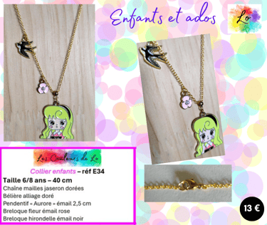 Collier doré pendentif Aurore hirondelle fleur émail Les Couleurs de Lo
