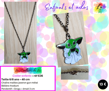 Collier gun métal pendentif Grogu émail Les Couleurs de Lo
