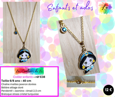 Collier doré pendentif Jasmine émail strass cristal turquoise Les Couleurs de Lo