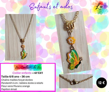 Collier enfant pendentif fleur Murano orange papillon émail Les Couleurs de Lo