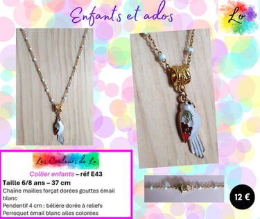 Collier enfant pendentif perroquet émail blanc Les Couleurs de Lo