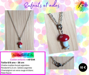 Collier enfant pendentif champignon verre blanc-rouge Nacre Les Couleurs de Lo