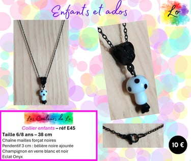 Collier enfant pendentif champignon verre blanc-noir Onyx Les Couleurs de Lo