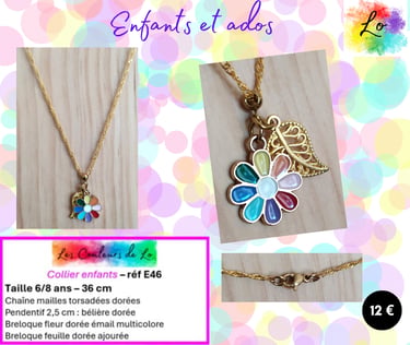 Collier enfant pendentif fleur émail multicolore feuille dorée Les Couleurs de Lo