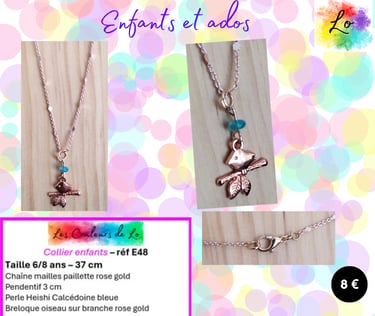 Collier enfant pendentif Calcédoine bleue oiseau rose gold Les Couleurs de Lo