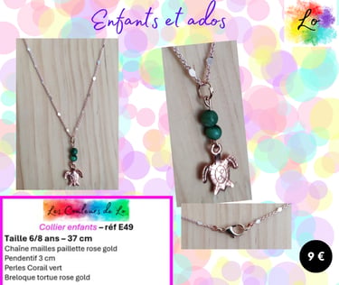Collier enfant pendentif Corail vert tortue rose gold Les Couleurs de Lo