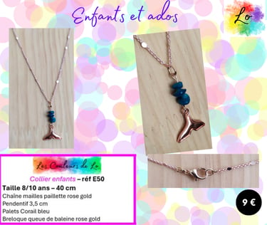 Collier enfant pendentif Corail bleu queue de baleine rose gold Les Couleurs de Lo