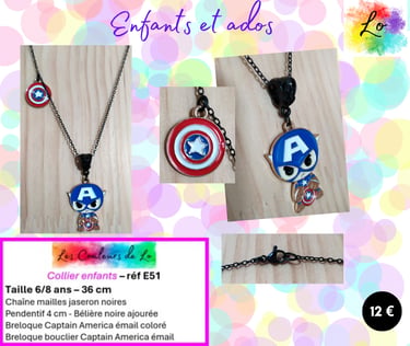 Collier enfant pendentif Captain America émail coloré Les Couleurs de Lo