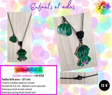 Collier enfant pendentif Hulk émail vert Les Couleurs de Lo