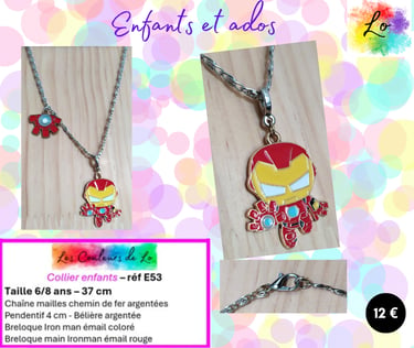 Collier enfant pendentif Ironman émail coloré Les Couleurs de Lo
