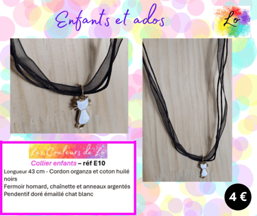 Collier enfant organza noir chat émail blanc Les Couleurs de Lo