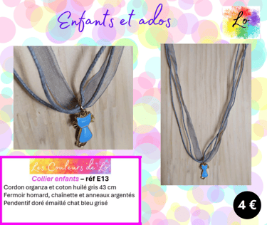 Collier organza gris chat émail bleu Les Couleurs de Lo