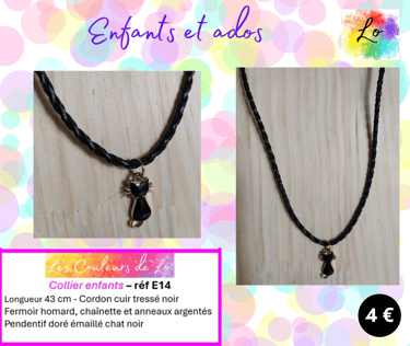 Collier cordon cuir tressé noir pendentif chat émail noir Les Couleurs de Lo