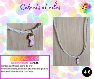 Collier enfant cuir tressé blanc chat émail rose Les Couleurs de Lo