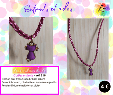 Collier enfant cuir tressé fuchsia chat émail fuchsia Les Couleurs de Lo