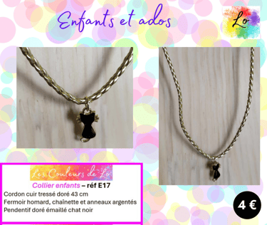 Collier enfant cuir tressé doré chat émail noir Les Couleurs de Lo