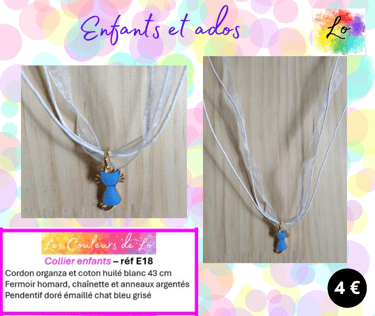 Collier enfant organza blanc chat émail bleu Les Couleurs de Lo
