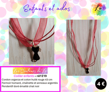 Collier enfant organza rouge chat émail noir Les Couleurs de Lo