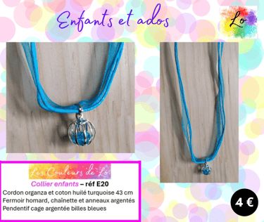 Collier enfant organza bleu perles bleues Les Couleurs de Lo