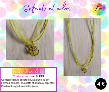 Collier cordon coton organza jaune pendentif cage perles jaunes Les Couleurs de Lo