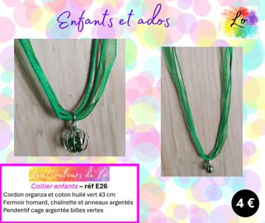 Collier enfant organza vert perles vertes Les Couleurs de Lo