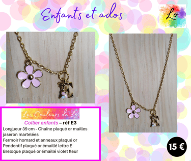 Collier enfant lettre E décor émail Les Couleurs de Lo