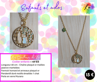 Collier enfant pendentif décor chat émail Les Couleurs de Lo