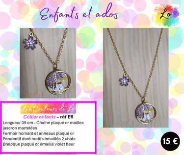 Collier enfants pendentif décor chats émail Les Couleurs de Lo