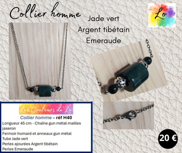 Collier gun métal Jade vert Emeraude perles ajourées Argent tibétain Les Couleurs de Lo