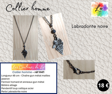 Collier gun métal pendentif loup celtique Labradorite noire Les Couleurs de Lo