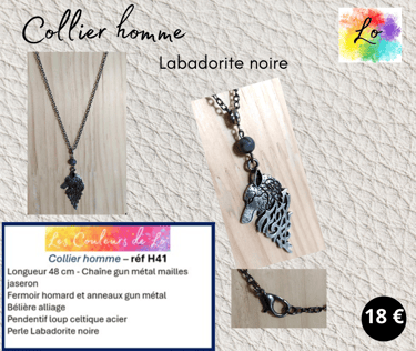 Collier gun métal pendentif loup celtique Labadorite noire Les Couleurs de Lo