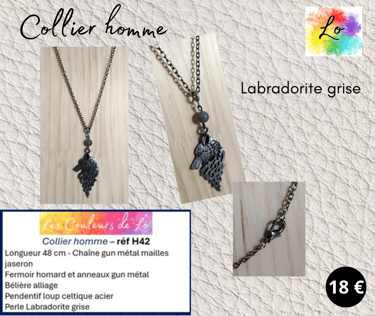 Collier gun métal pendentif loup celtique Labradorite grise Les Couleurs de Lo