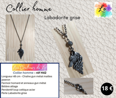 Collier gun métal pendentif loup celtique Labadorite grise Les Couleurs de Lo