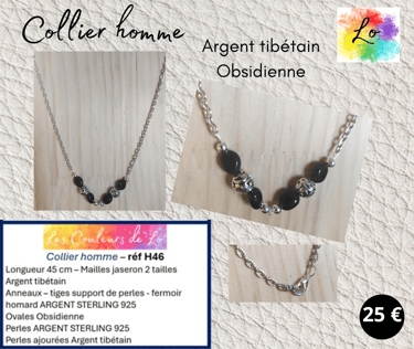 Collier homme Argent tibétain Obsidienne perles Argent Les Couleurs de Lo