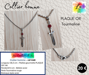 Collier Plaqué or Tourmaline rouge épée acier Les Couleurs de Lo