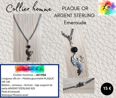 Collier argenté PLAQUE OR ARGENT STERLING Emeraude phœnix acier Les Couleurs de Lo