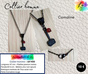 Collier noir marteau de Thor Cornaline rouge Les Couleurs de Lo