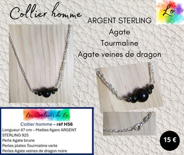 Collier 925 Agate brune Tourmaline verte Agate veines de dragon noire Les Couleurs de Lo