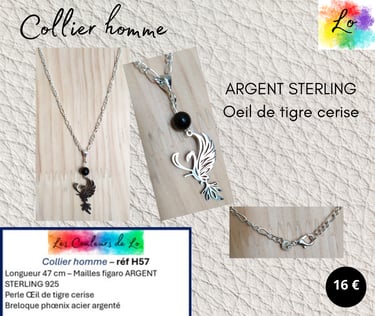 Collier Argent sterling Œil de tigre cerise phœnix acier Les Couleurs de Lo