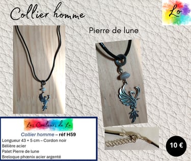 Collier cordon noir Pierre de lune phœnix acier Les Couleurs de Lo