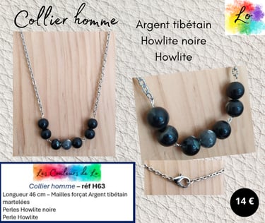 Collier Argent tibétain Howlite noire Howlite Les Couleurs de Lo