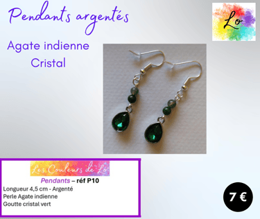 Boucles pendants argentés Agate indienne goutte cristal vert Les Couleurs de Lo