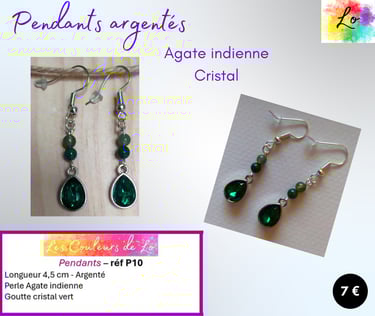 Boucles pendants argentés Agate indienne goutte cristal vert Les Couleurs de Lo